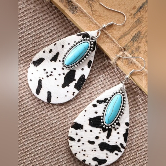 Cow Print Western Animal Print faux fur Teardrop Earrings Turquoise - Picture 2 of 5